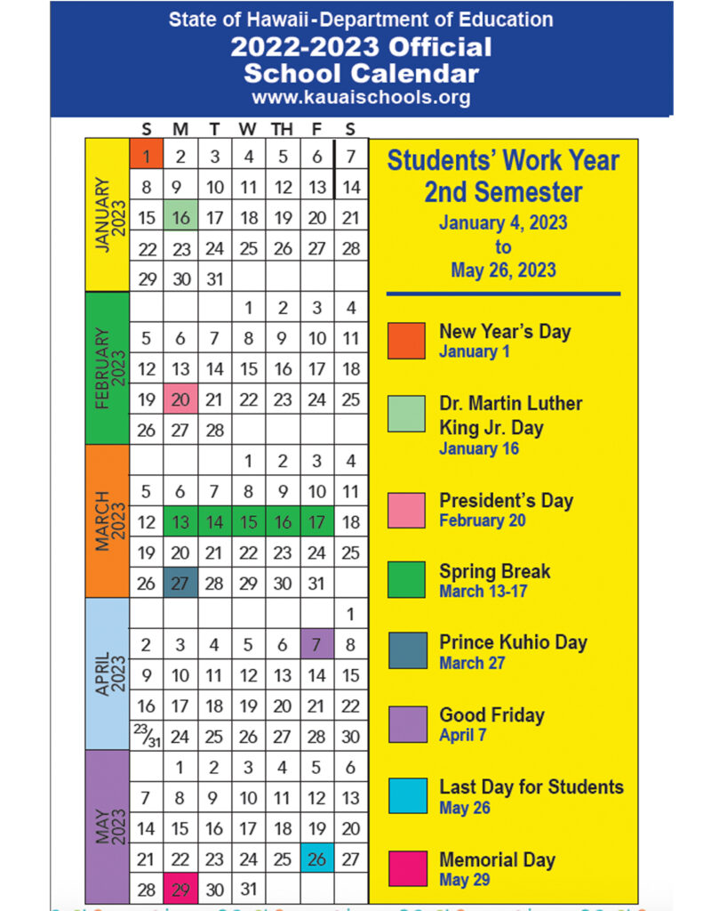 20222023 DOE School Calendar 2nd semester Kauai Family Magazine